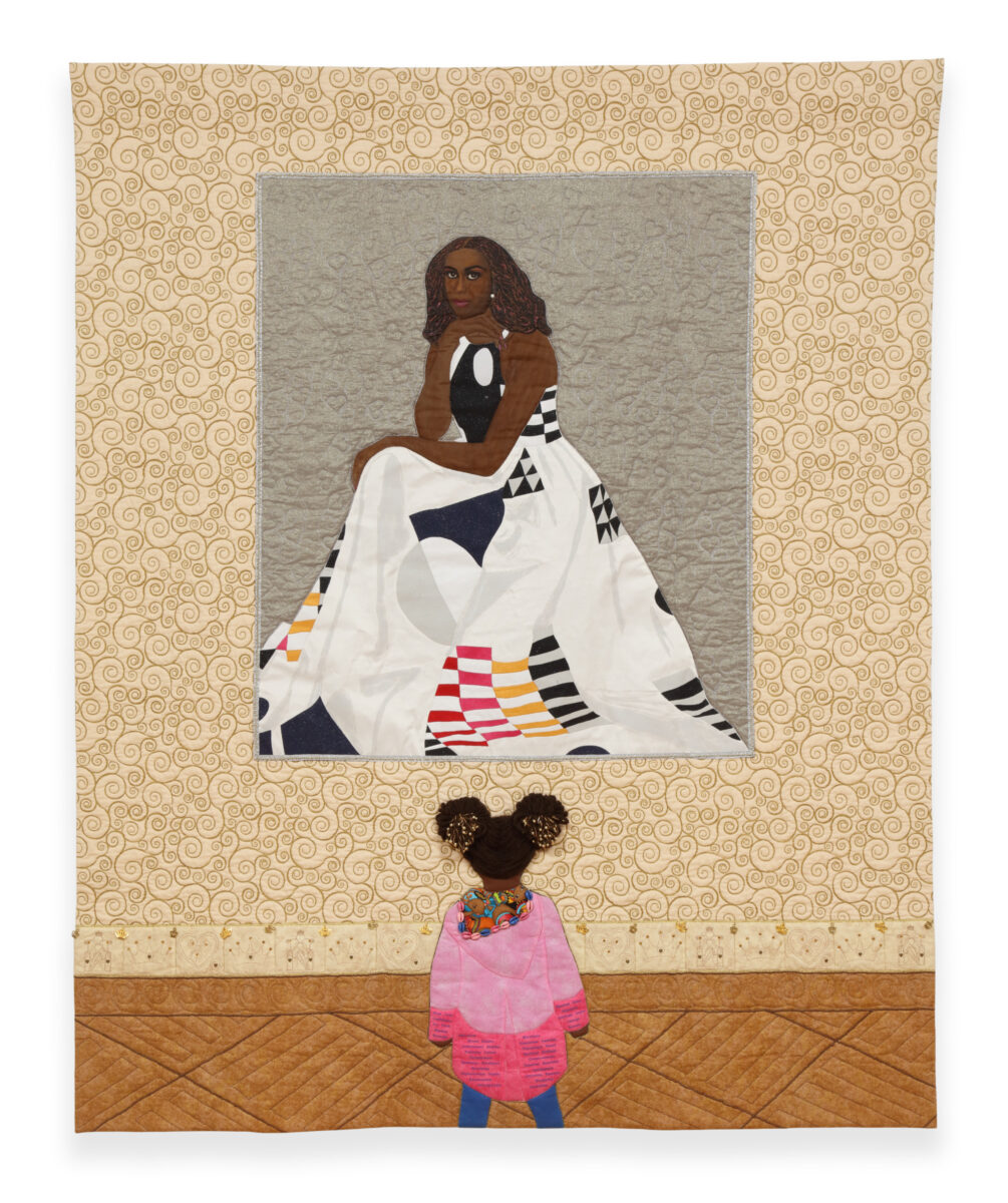 quilt depicting a small Black girl looking up and Michelle Obama's portrait as First Lady.